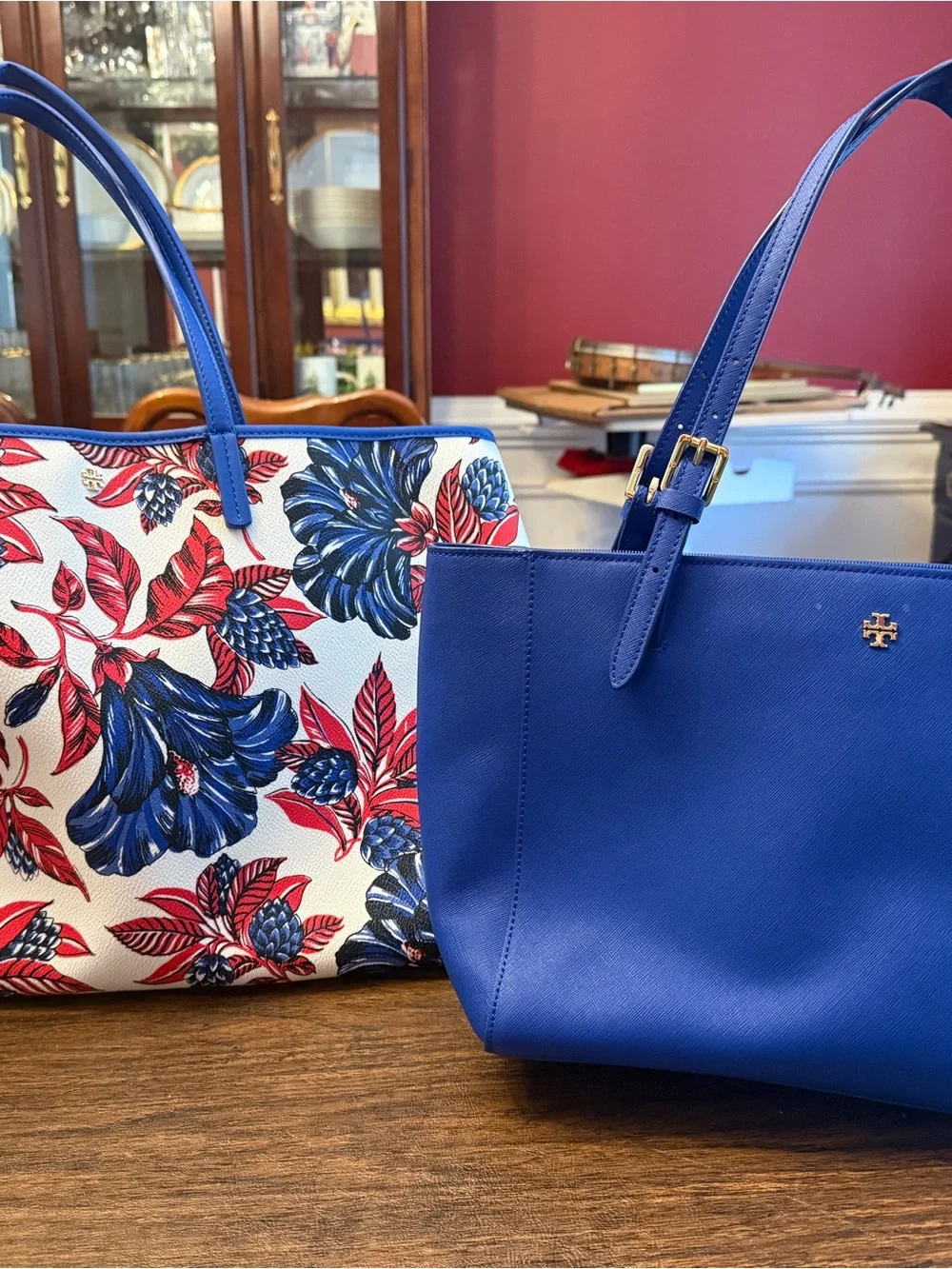 Tory Burch Red & Blue Floral Canvas Tote